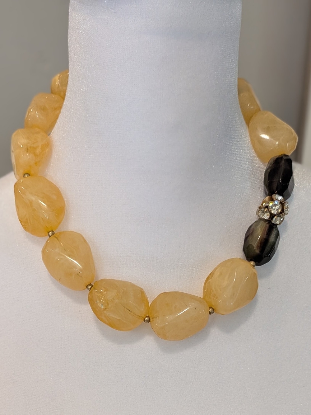 Honey-Golden Polished Beaded Necklace with Smoky Accents and Crystals